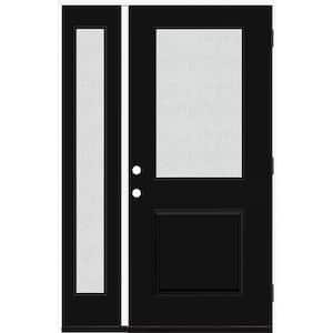 Legacy 53 in. x 80 in. 1/2 Lite Rain Glass LHOS Primed Black Finish Fiberglass Prehung Front Door w/14 in. SL