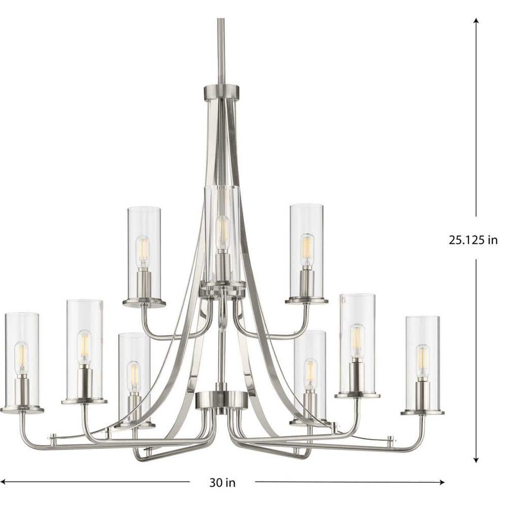 Riley 30" Brushed Nickel 9-Light Chandelier with Clear Glass Shades