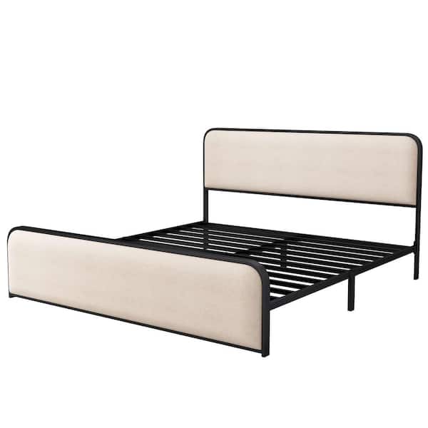 Beige Metal Frame King Platform Bed with Curved Upholstered Headboard and Footboard Bed with Under Bed Storage