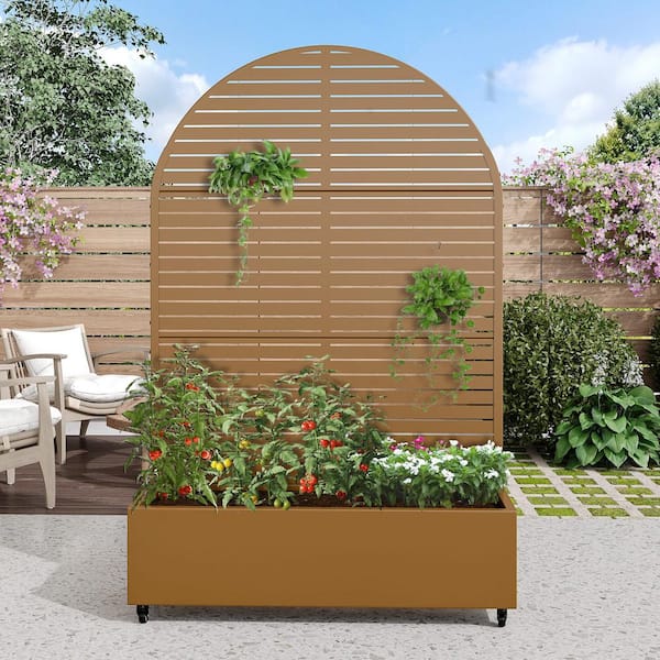72 in. H x 47 in. W Arch Brown Outdoor Metal Privacy Screen Planter Box Wall Decor in Louvered Pattern