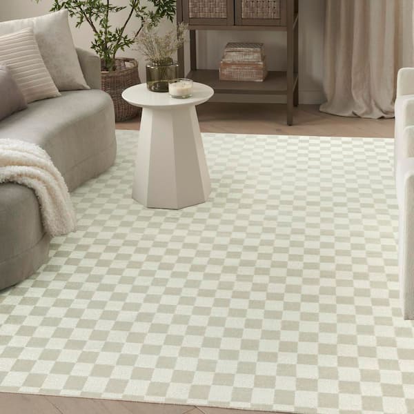 Serenity Home Ivory 8 ft. x 10 ft. Checker Contemporary Area Rug