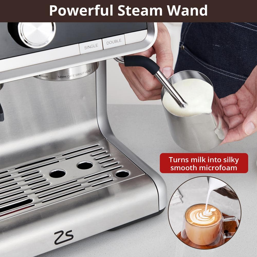 2-Cup Semi-Automatic Espresso Machine in Silver with Built-In Grinder, Milk Frothier, 20 Bar - Thumbnail 5