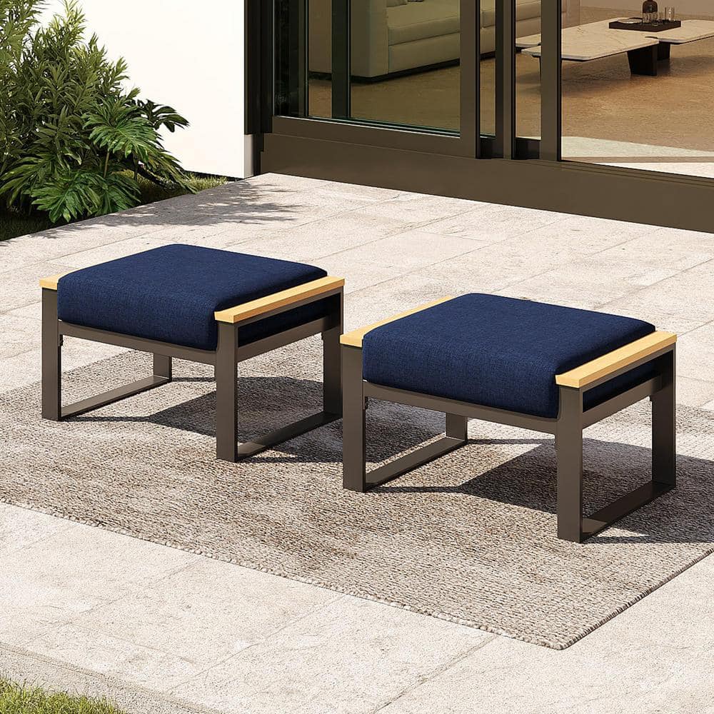 2 Pieces Aluminum Patio Ottoman, Outdoor Ottoman with Blue Cushions, Blue
