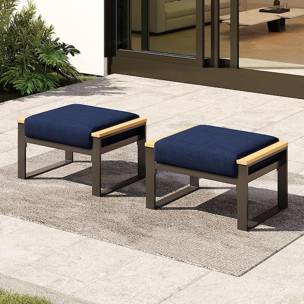 AURA OUTDOOR 2 Pieces Aluminum Patio Ottoman, Outdoor Ottoman with Blue Cushions, Blue