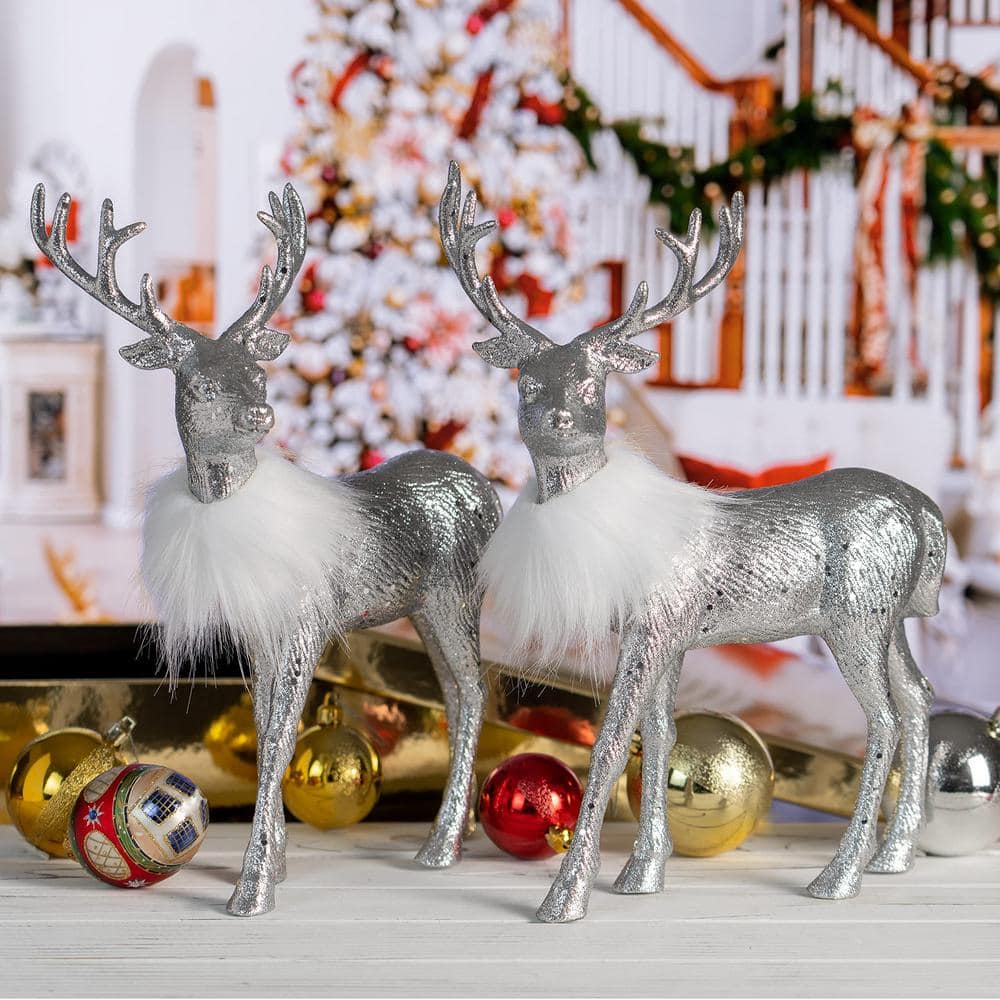 Silver Glitter Winter Reindeer Figurines with Faux Fur
