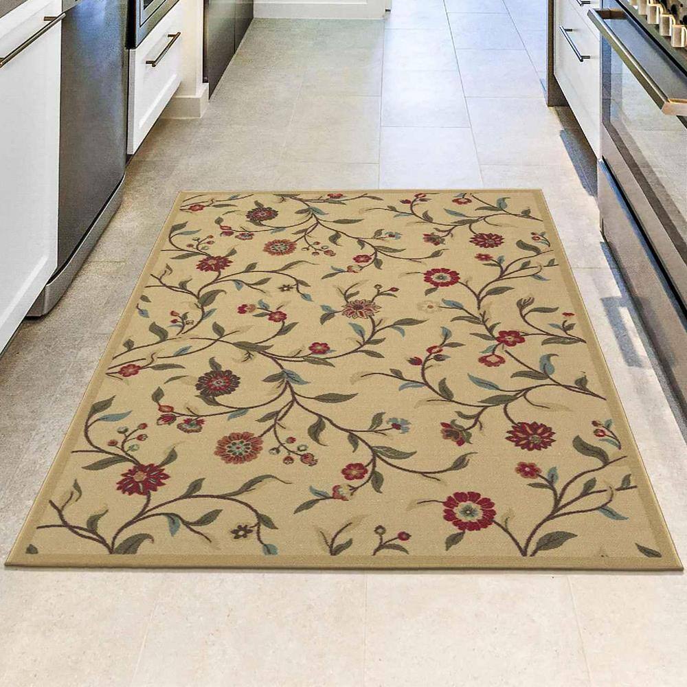 Beige Floral Leaves Design Washable Synthetic Area Rug