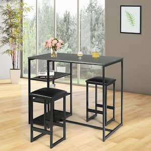 Black 3-Piece Dining Set with Faux Marble Top Table and 2 Stools
