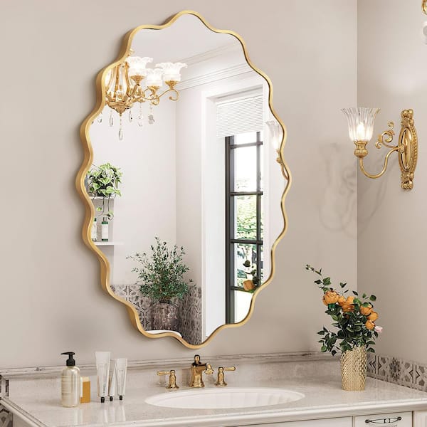 Hochwertiges 24 in. W x 36 in. H Oval Gold Aluminum Alloy Framed Scalloped Wavy Wall Mirror