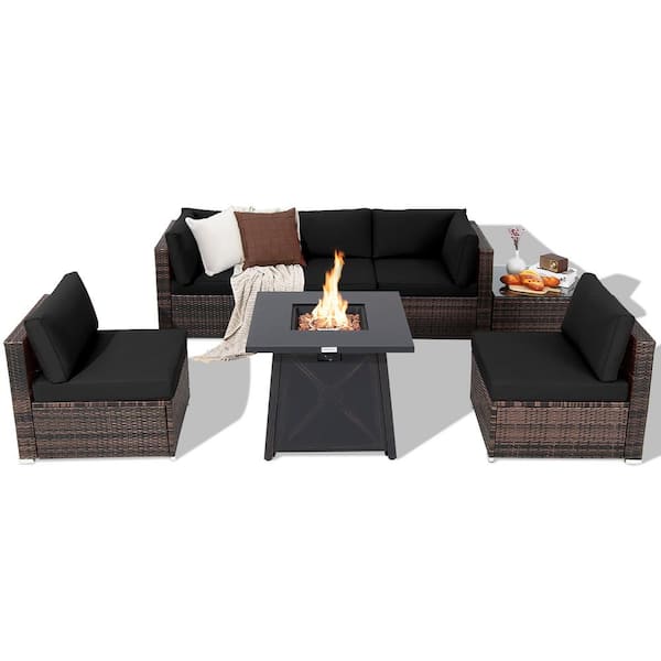 Costway 7-Piece Wicker Patio Conversation Set with Black Cushion Fire Pit Table Cover