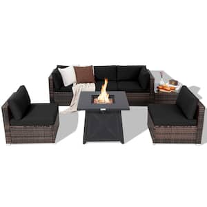 7-Piece Wicker Patio Conversation Set with Black Cushion Fire Pit Table Cover