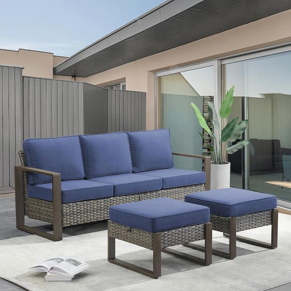 moosprr 3-Piece Gray Wicker Outdoor Couch Patio Conversation Set with Olefin Blue Cushions and Ottomans