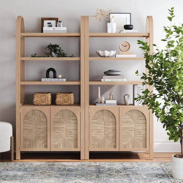 Leah 71 in. Tall Raw Oak Solid Wood Boho 3-Shelf Accent Bookcase Cabinet with Arched Frame and Natural Seagrass Doors