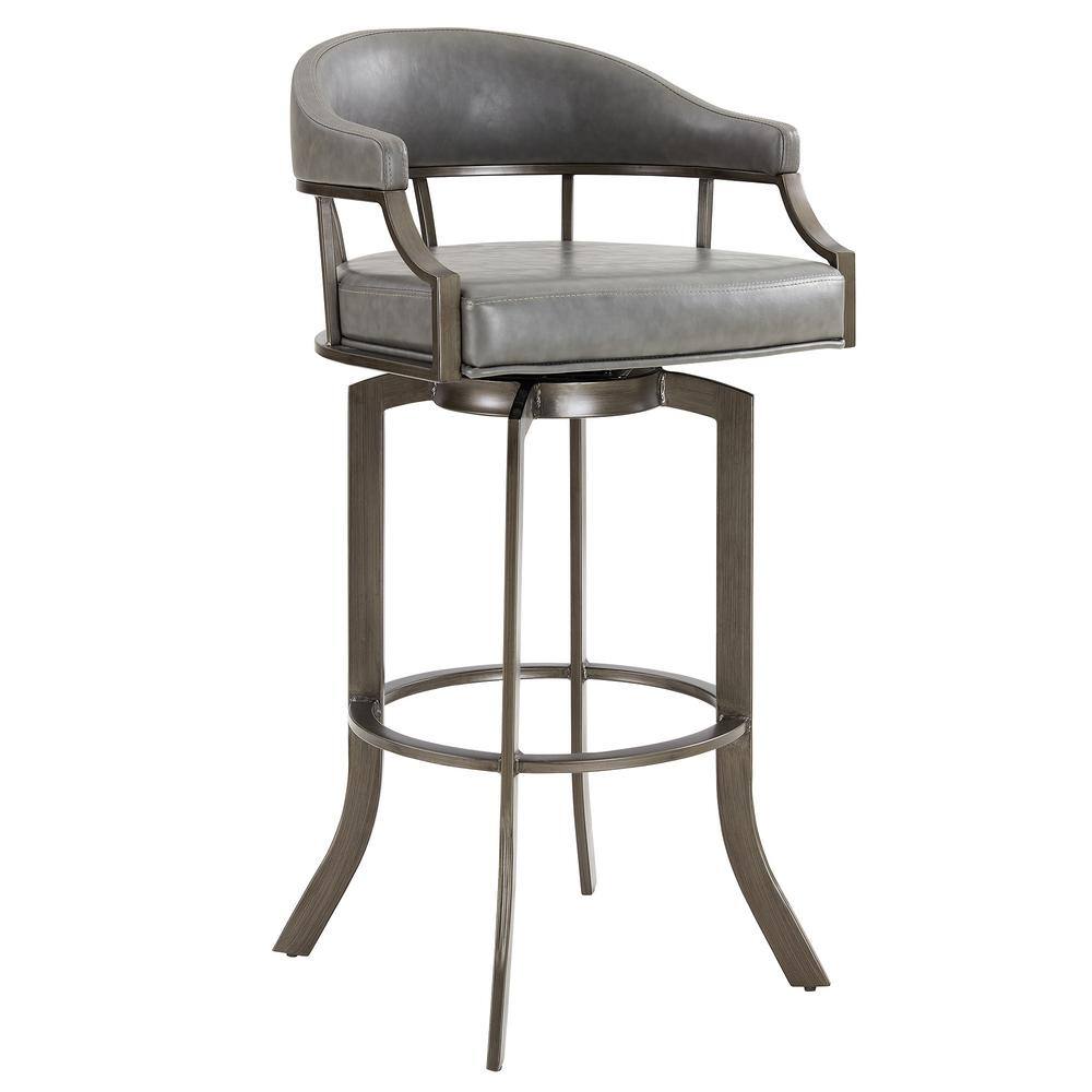 Transitional Gray Faux Leather and Metal Swivel Bar Stool