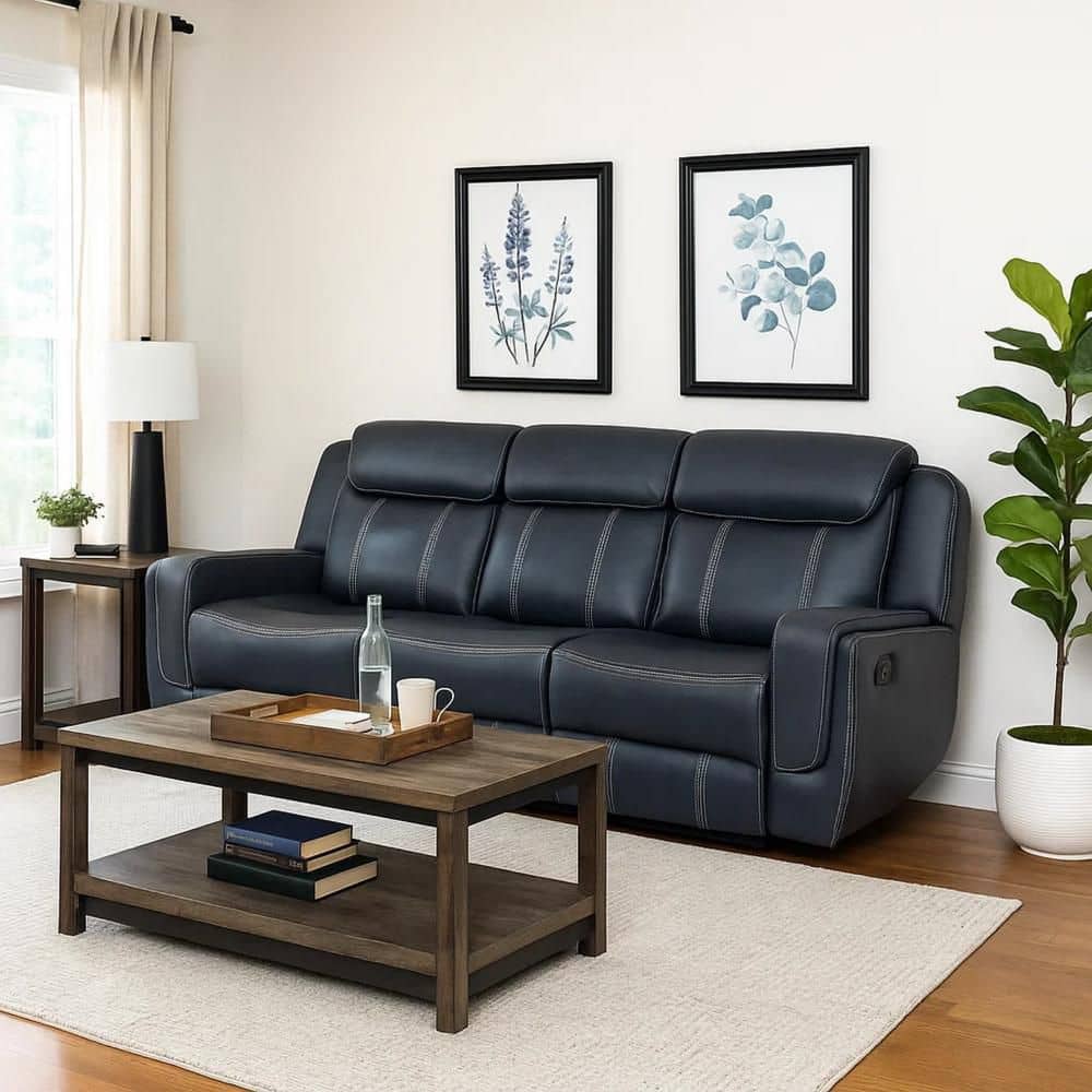 86 in. Square Arm Faux Leather Rectangle with Drop Down Table Sofa in Blue price history on PriceWatchPro