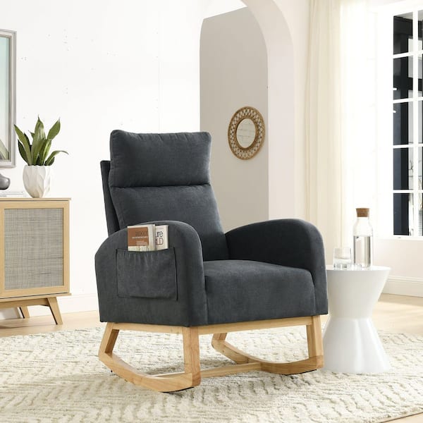 27.6 in. Dark Grey Teddy Fabric Rocking Chair with High Backrest and Side Pockets and Wood Legs for Living Room, Bedroom