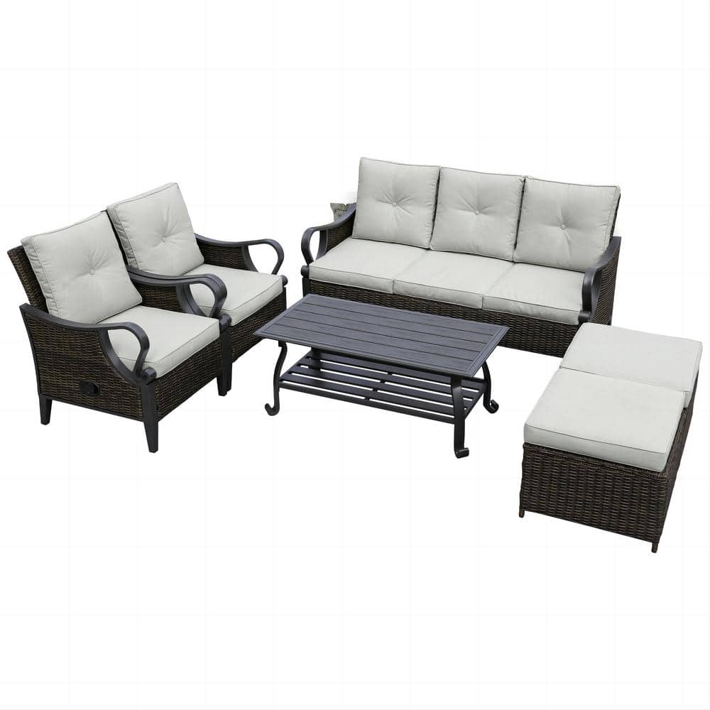Set of 6 PE Wicker Outdoor Sectional Sofa with Reclining Backrest Coffee Ta