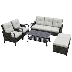 Set of 6 PE Wicker Outdoor Sectional Sofa with Reclining Backrest Coffee Table Footstool Seat Cushion Light Gray