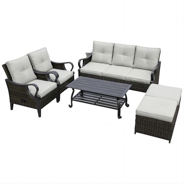 Unbranded Set of 6 PE Wicker Outdoor Sectional Sofa with Reclining Backrest Coffee Table Footstool Seat Cushion Light Gray