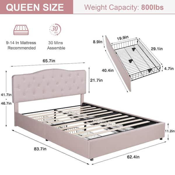 Storage Upholstered Bed Tufted Linen Headboard, USB Charging Platform Bed, 4 Under-Bed Drawers Beige Queen Bed Frame