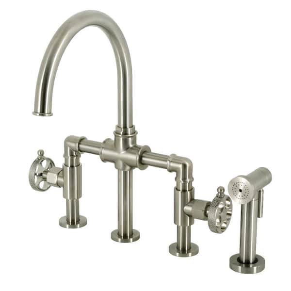 Kingston Brass Webb Double Handle Deck Mount Gooseneck Bridge Kitchen Faucet with Brass Side Sprayer in Brushed Nickel