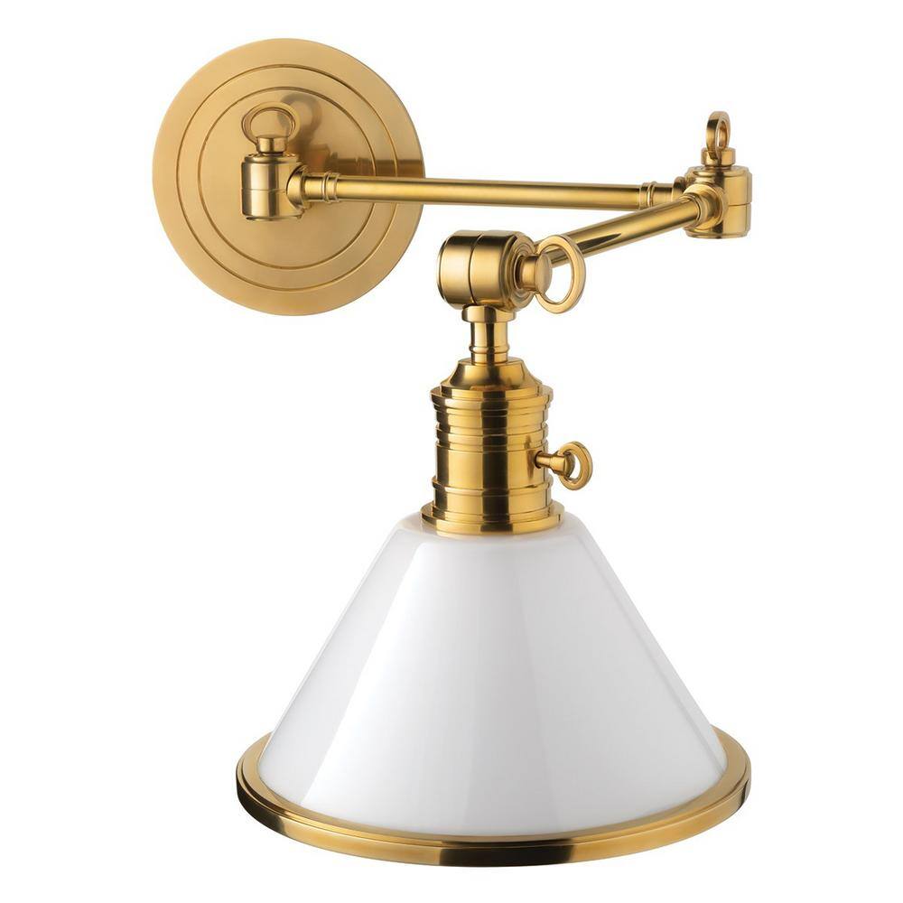 Finney 5.5 in. Aged Brass Swing Arm Wall Sconce with Opal Glossy Glass Shad