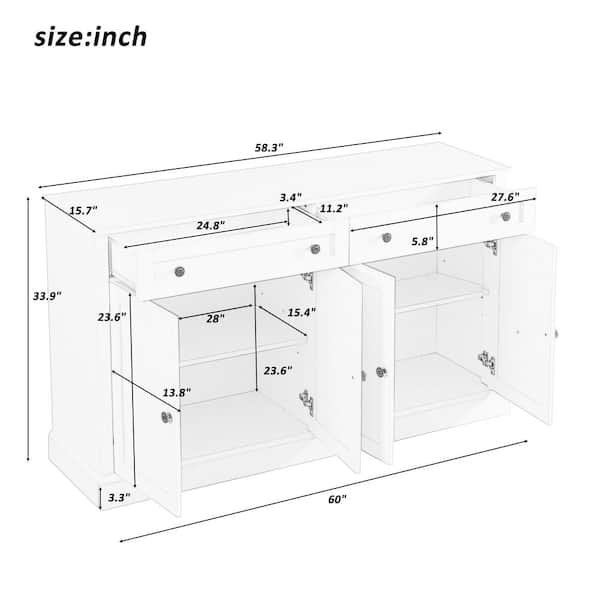 Runesay 60 in. W x 15.7 in. D x 33.9 in. H White MDF Ready to Assemble Kitchen Cabinet Sideboard with 2 Drawers and 4 Doors