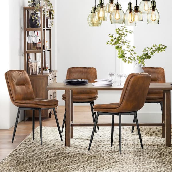 LUE BONA 18 in. Metal Frame Brown Dining Room Chairs Faux Leather Upholstered Modern Dining Chairs Set of 4