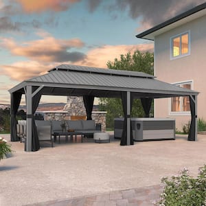12 ft. x 24 ft. Light Gray Patio Outdoor Gazebo for Backyard Hardtop Galvanized Steel Frame with Upgrade Curtain