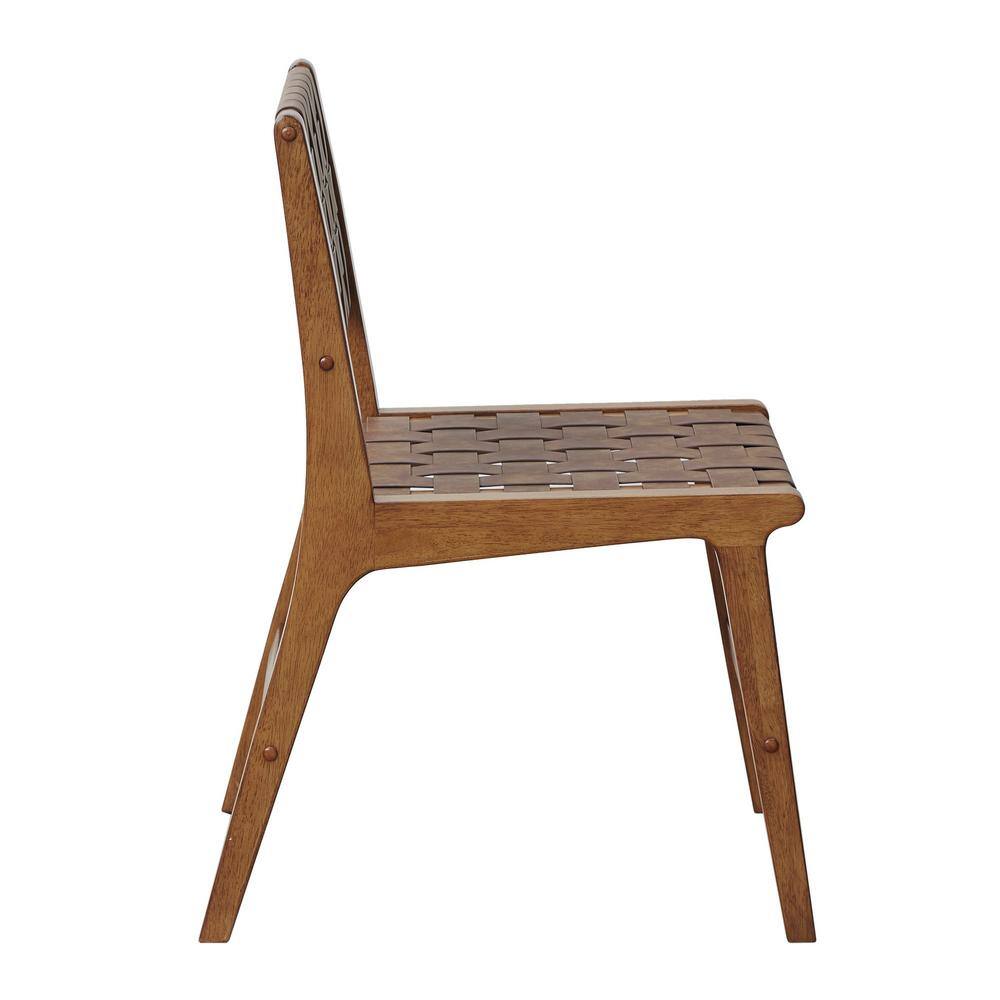 Brown Faux Leather Woven Side Chairs with Wood Frame
