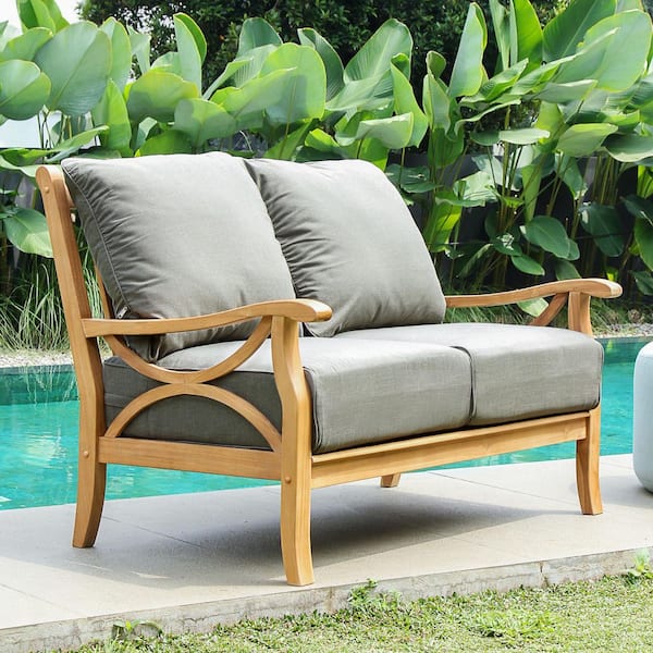 Kinsley Premium Indonesia Teak Wood Outdoor Loveseat with Gray Cushion