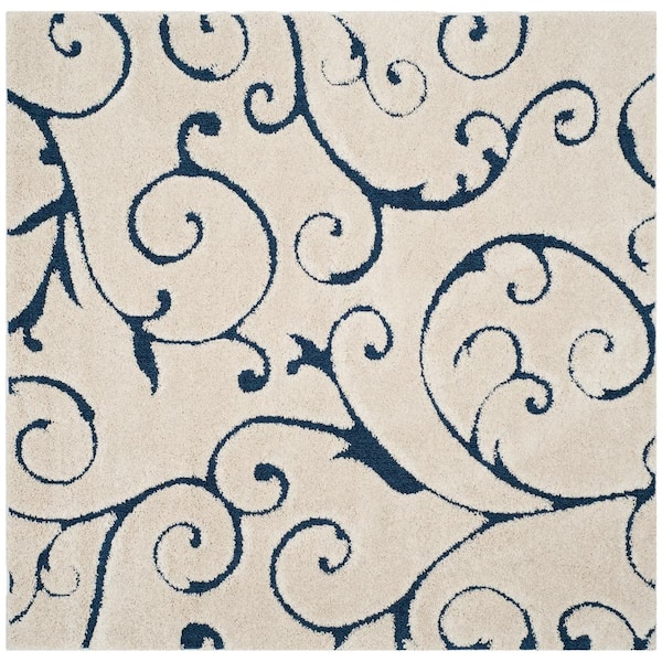 Florida Shag 11 ft. x 11 ft. Square Cream/Blue High-Low Floral Area Rug