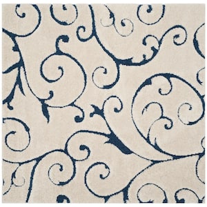 Florida Shag Cream/Blue 7 ft. x 7 ft. Square Floral High-Low Area Rug