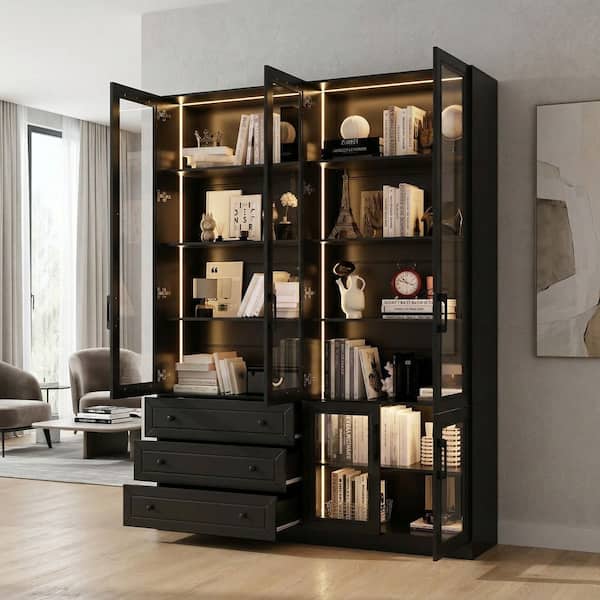 Black Paint Finish Wood 78.7 in. H Accent Cabinet with Tempered Glass Doors, LED Lights, Drawers, Adjustable Shelves