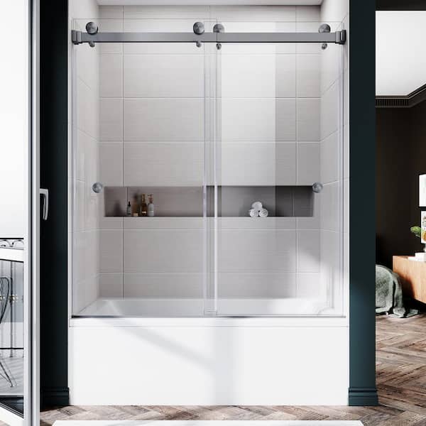 UNIKOO UKD01 56 to 60 in. W x 66 in. H Double Sliding Frameless Bathtub Door in Stainless Steel with EnduroShield Clear Glass