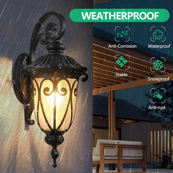 23 in. 1-Light Black Outdoor Weather Resistant Aluminum Wall Light Lantern Sconce with Bubble Glass, No Bulb Included
