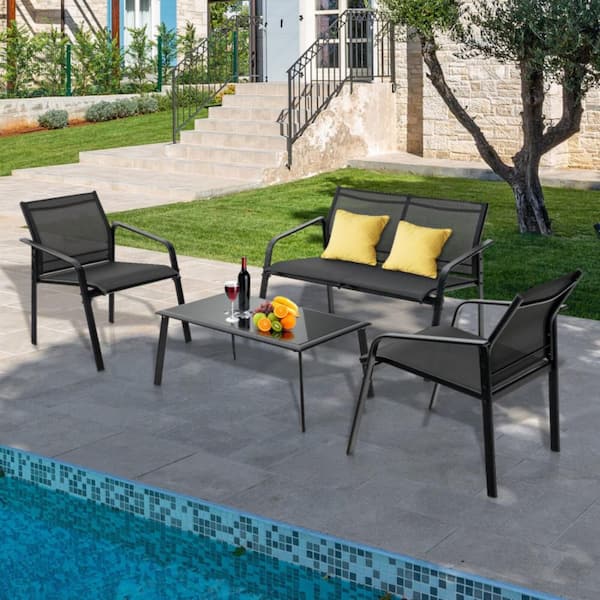 Black 4-Piece Metal Patio Conversation Seating Set
