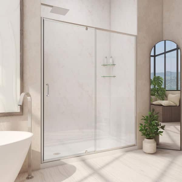 DreamLine Flex 60 in. x 72 in. Semi-Frameless Pivot Shower Door in Brushed Nickel Finish with 60 in. x 34 in. Base in White