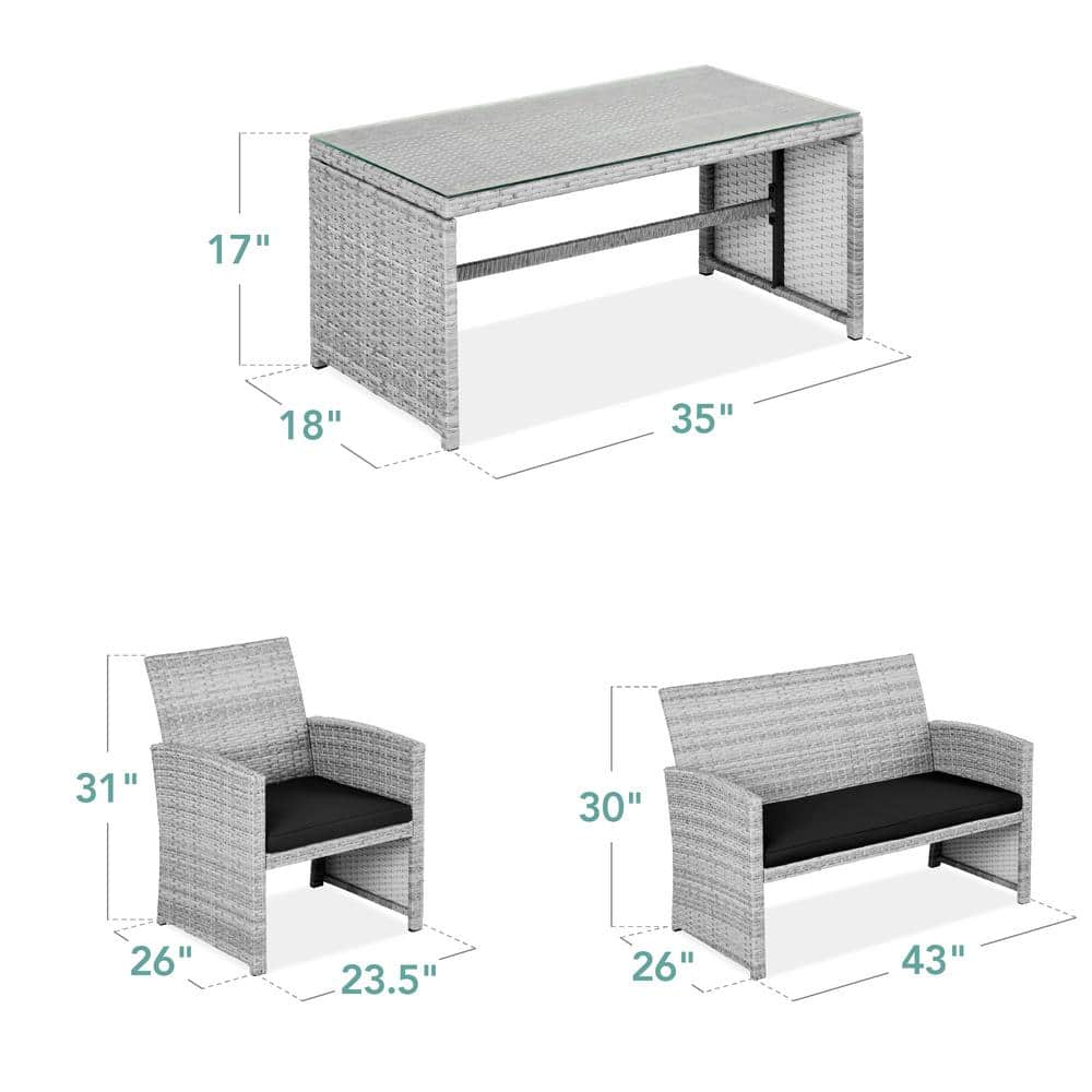Gray and Black Wicker 4-Piece Patio Conversation Set with Cushions