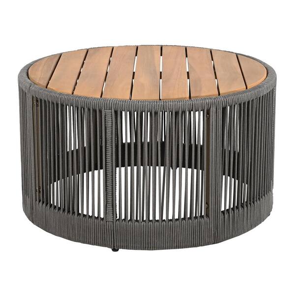 Garden Rope Table Rattan rope and Acacia Wood Round Outdoor Gray Table, for Patio Garden ...