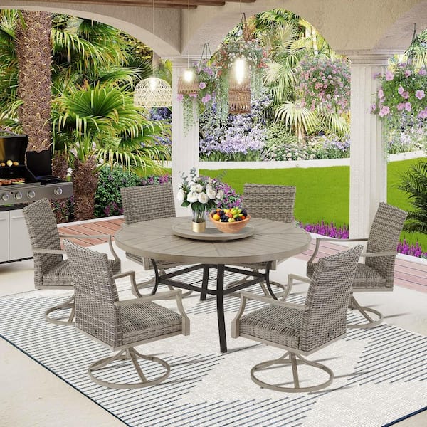 Allure 7-Piece Wicker Outdoor Dining Set, Swivel Dining Chairs and Round Dining Table with Lazy Susan