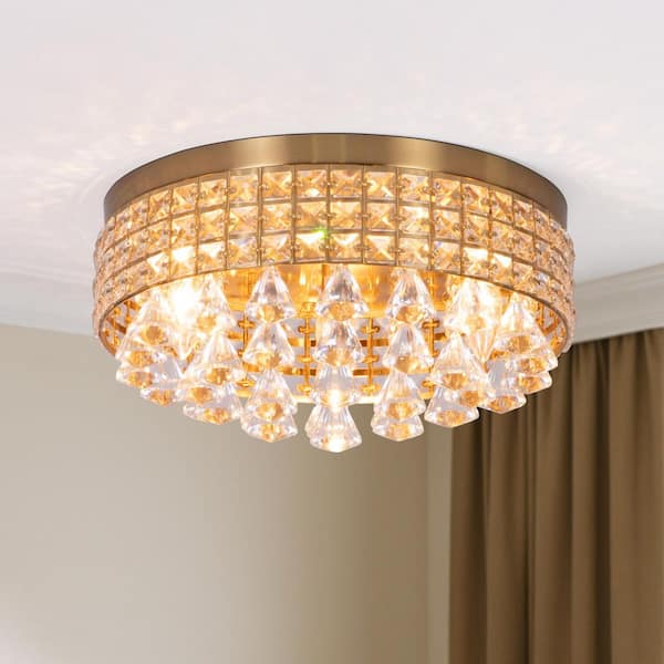 Jackson 15 in. 4-Light Cage Brushed Gold Crystal Modern Flush Mount for Bedroom Ceiling Lights Fixtures