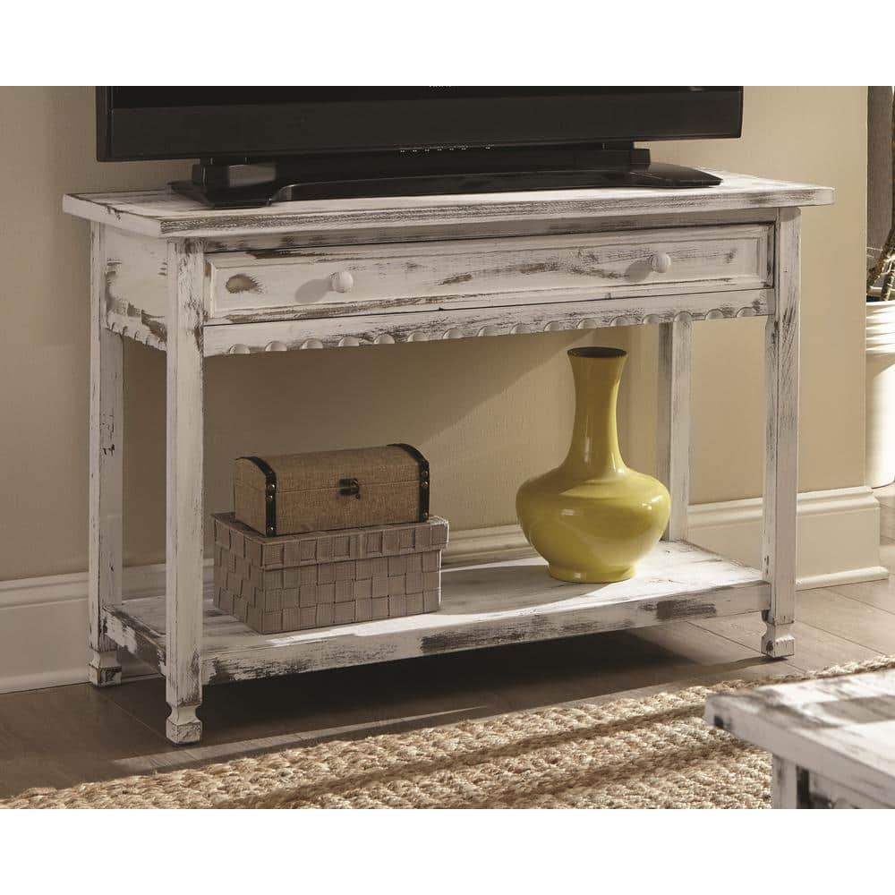 Antique White Cottage-Inspired Media Console with Storage Shelf