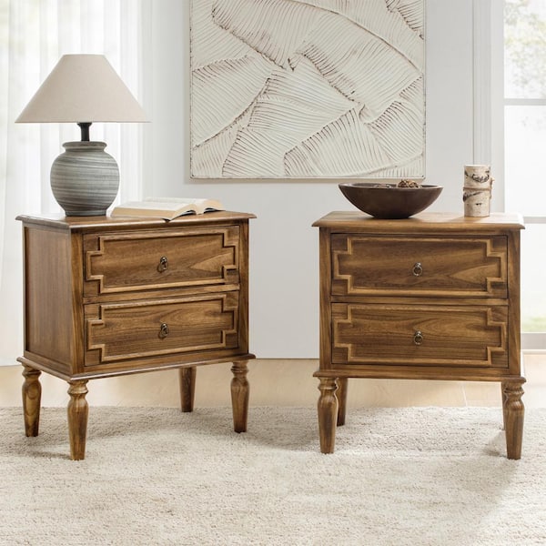 JAYDEN CREATION Leo Walnut 2-Drawers Farmhouse Solid Wood Nightstand Set of 2
