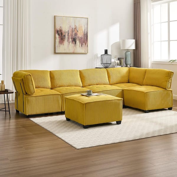 122 in. sq. 6-Piece U Shaped Corduroy Modern Sectional Sofa in. Yellow with Moveable Ottoman