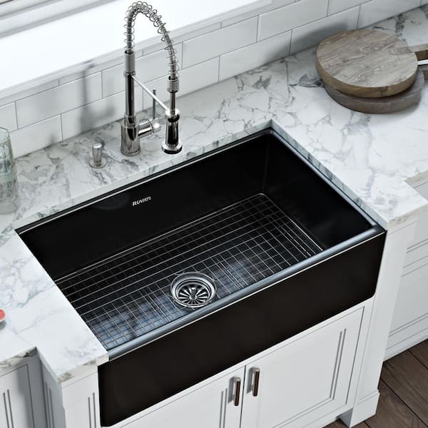 Fiamma 30 in. Apron-Front Farmhouse Single Bowl Fireclay Reversible Kitchen Sink in Glossy Black