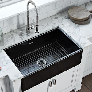 Farmhouse/Apron-Front Fireclay 30 in. Reversible Single Bowl Kitchen Sink in Glossy Black