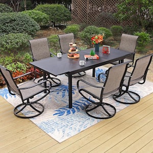 Black 7-Piece Metal Outdoor Patio Dining Set with Geometric Extendable Table and Textilene Swivel Chairs