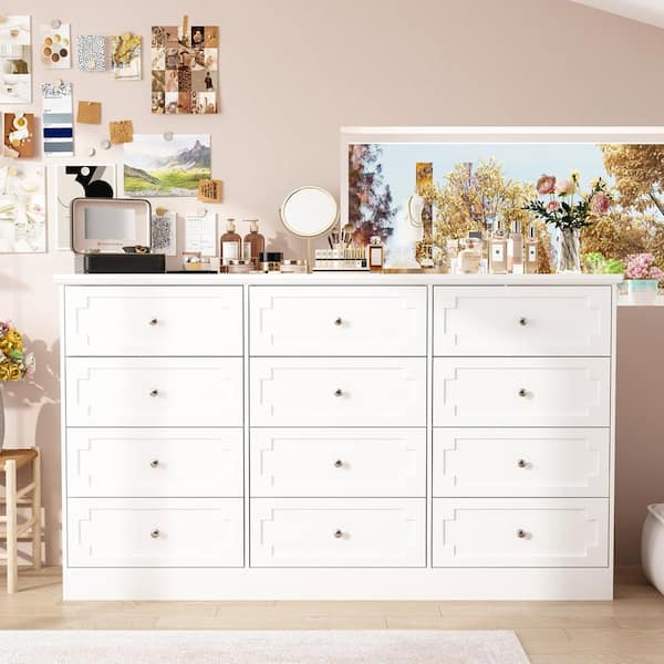 White 12-Drawers 61 in. Width x 35.4 in. Height Wooden Dresser without Mirror, Chest of Drawers with Silver Handle