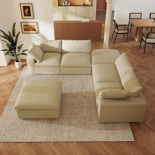 U Shape 157 in. Square Arm Down Filled Linen 6-Seater Modular Tuxedo Sofa in Khaki with Ottomans and Detachable Covers