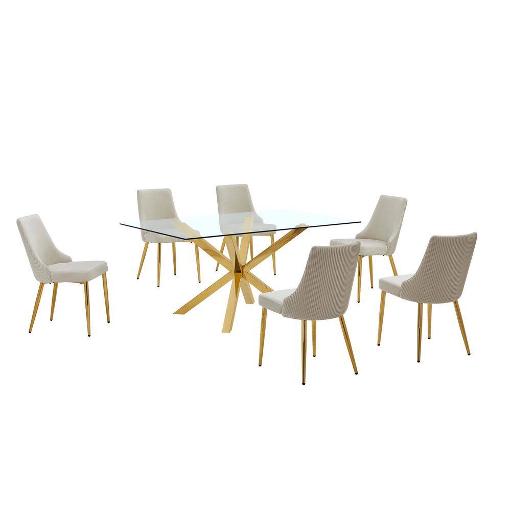 Tom 7-Piece Clear Glass Top Cross Leg Base Dining Set with 6-Cream Gold Chrome Chairs price history on PriceWatchPro